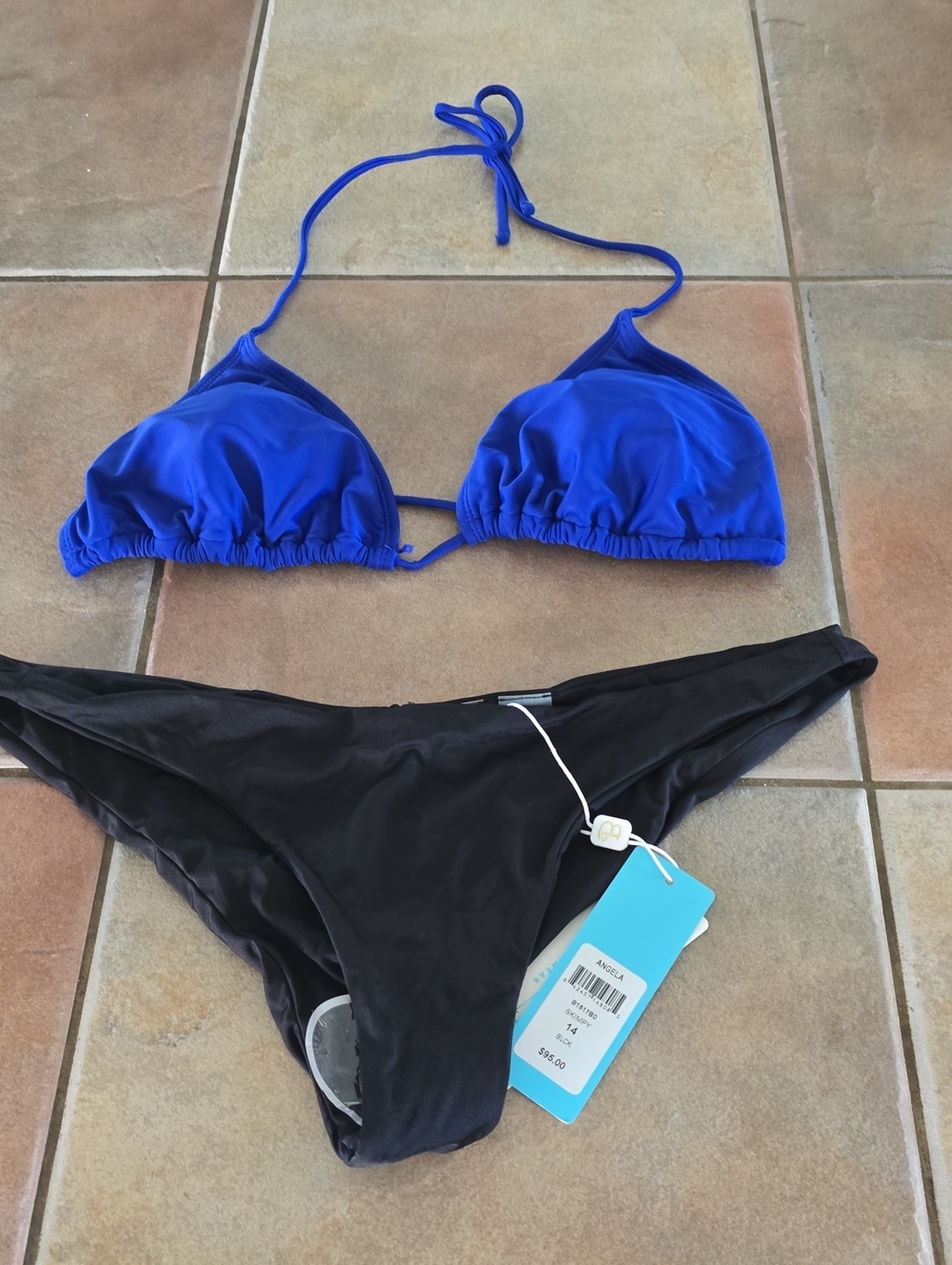 Royal Blue Halter Triangle Bikini Top with Black Bikini Bottoms Nwt